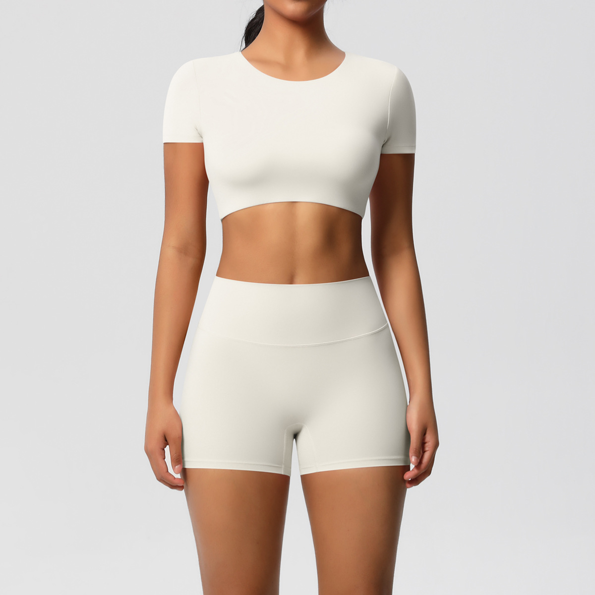 Women Crew Neck Short Sleeve Yoga 2-Piece Outfit, Round Neck Cropped Sports Top 10 Colors, High Waist Butt Lifting Biker Shorts 10 Colors, YFYS7105+YFYS7101