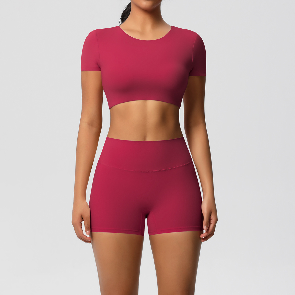 Women Crew Neck Short Sleeve Yoga 2-Piece Outfit, Round Neck Cropped Sports Top 10 Colors, High Waist Butt Lifting Biker Shorts 10 Colors, YFYS7105+YFYS7101