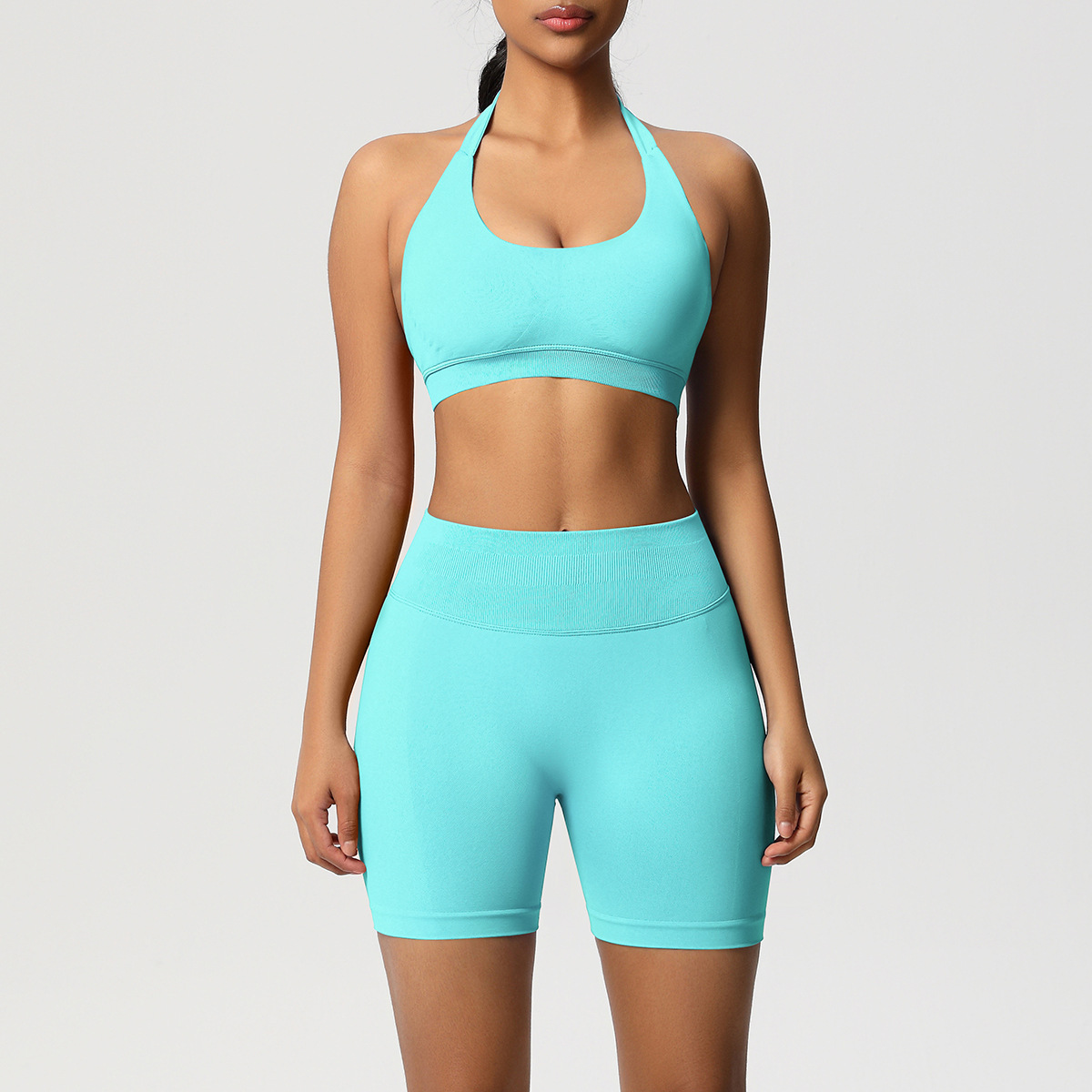Women Halter Neck Seamless Yoga 2-Piece Outfit, Solid Halter Sports Bra 28 Colors, High Waist Peach Butt Biker Shorts 28 Colors, YFYS6701+YFYS6688
