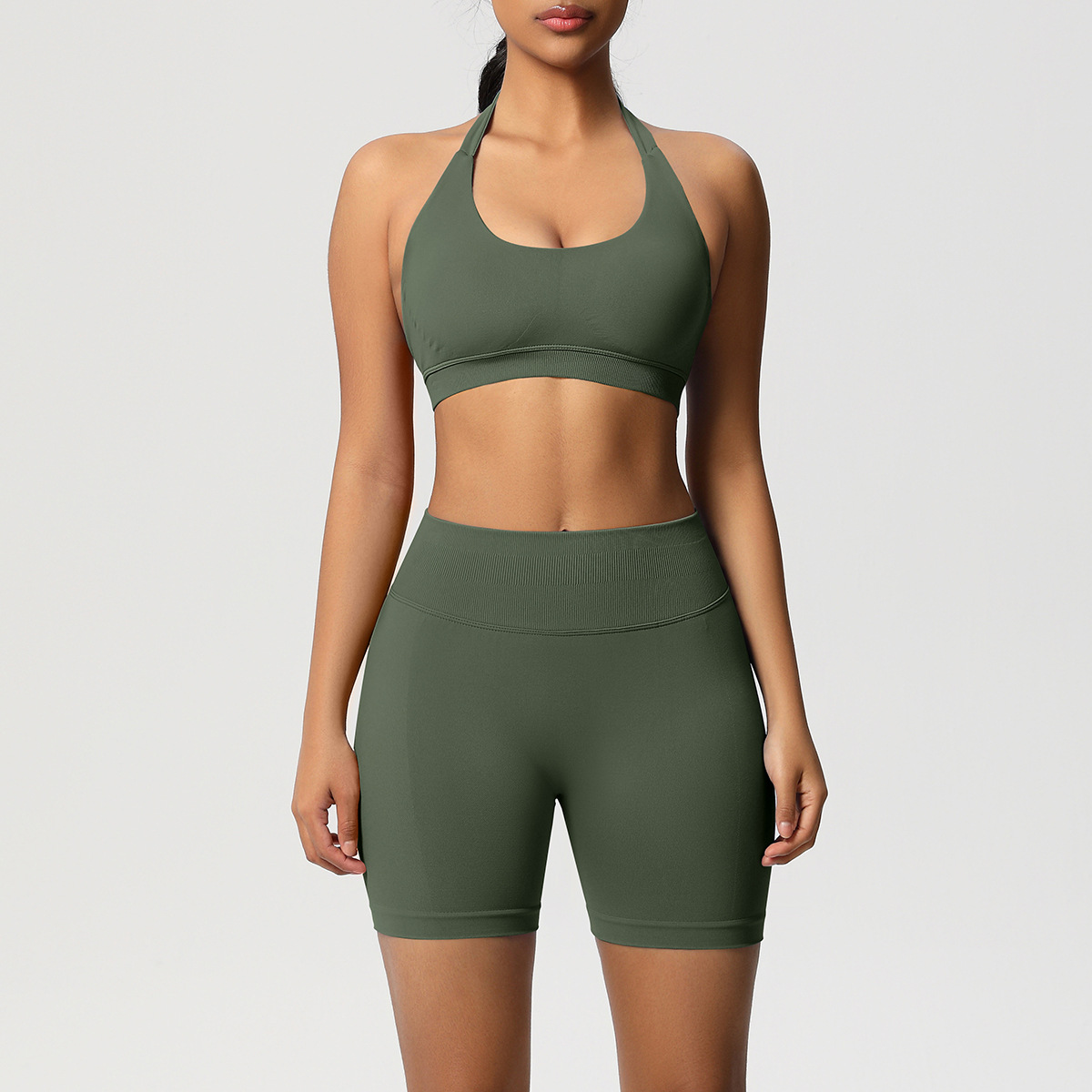 Women Halter Neck Seamless Yoga 2-Piece Outfit, Solid Halter Sports Bra 28 Colors, High Waist Peach Butt Biker Shorts 28 Colors, YFYS6701+YFYS6688