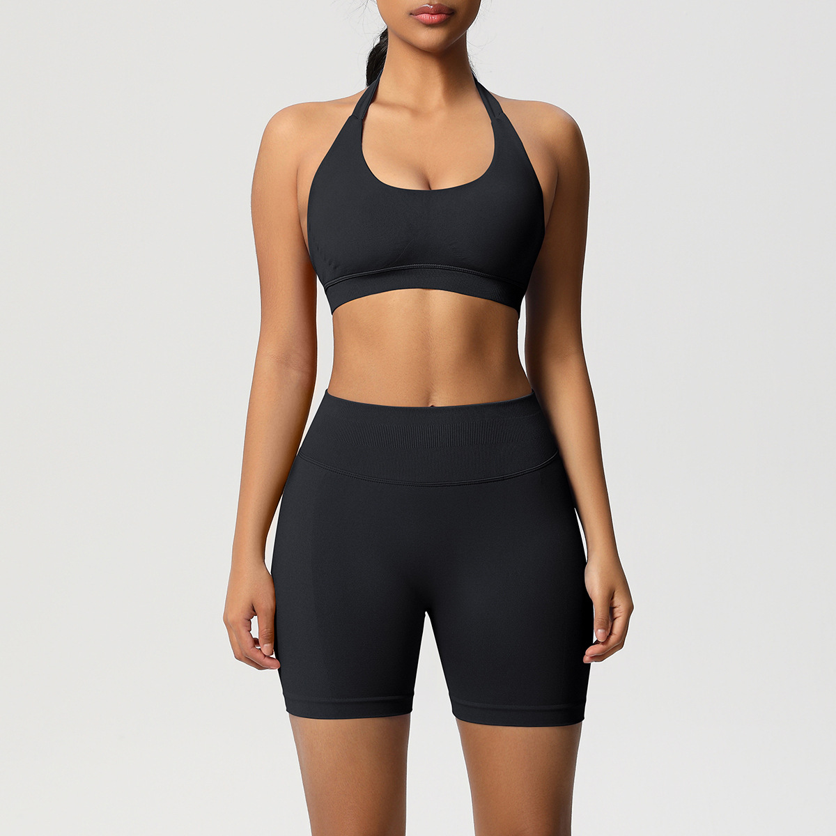Women Halter Neck Seamless Yoga 2-Piece Outfit, Solid Halter Sports Bra 28 Colors, High Waist Peach Butt Biker Shorts 28 Colors, YFYS6701+YFYS6688
