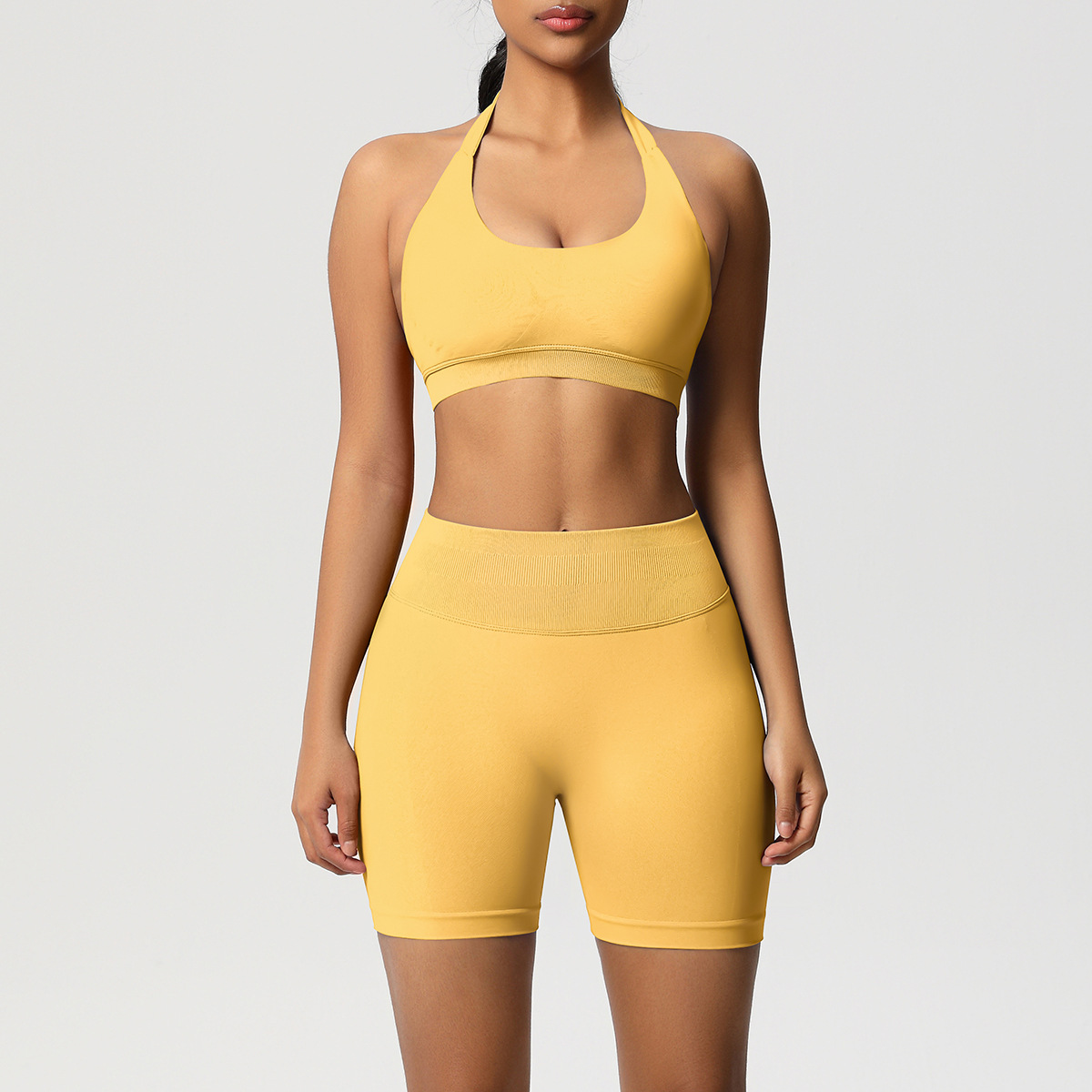 Women Halter Neck Seamless Yoga 2-Piece Outfit, Solid Halter Sports Bra 28 Colors, High Waist Peach Butt Biker Shorts 28 Colors, YFYS6701+YFYS6688