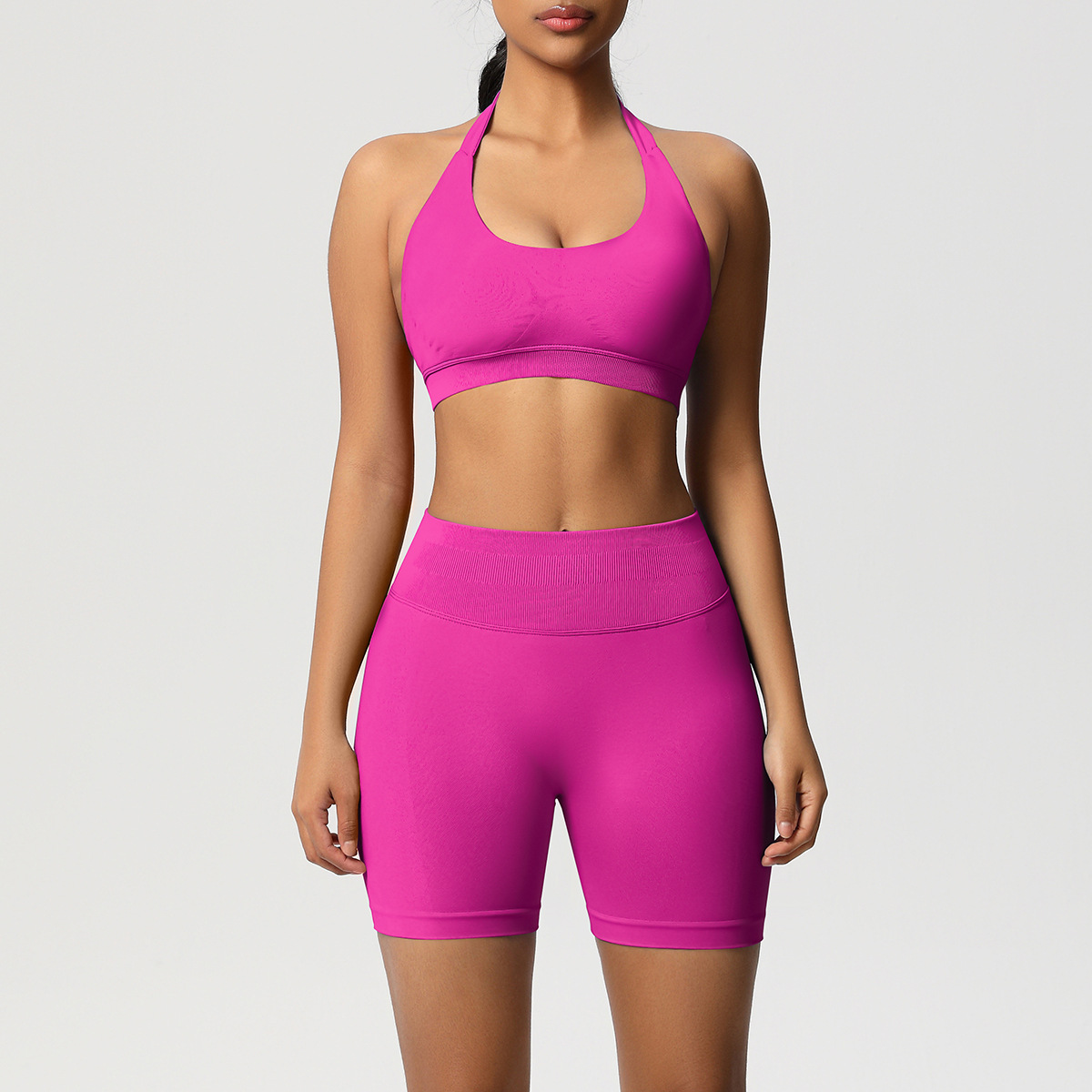 Women Halter Neck Seamless Yoga 2-Piece Outfit, Solid Halter Sports Bra 28 Colors, High Waist Peach Butt Biker Shorts 28 Colors, YFYS6701+YFYS6688
