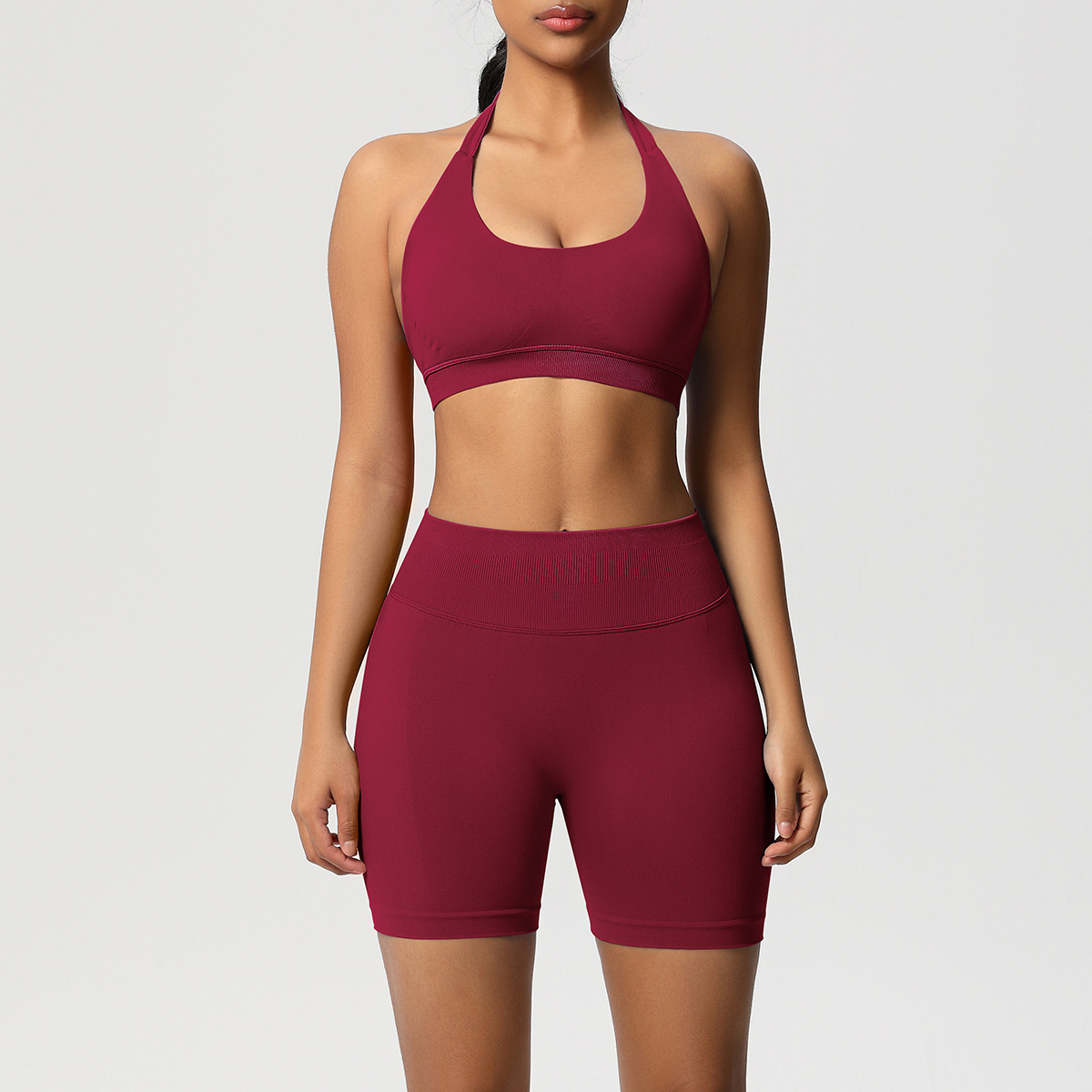 Women Halter Neck Seamless Yoga 2-Piece Outfit, Solid Halter Sports Bra 28 Colors, High Waist Peach Butt Biker Shorts 28 Colors, YFYS6701+YFYS6688