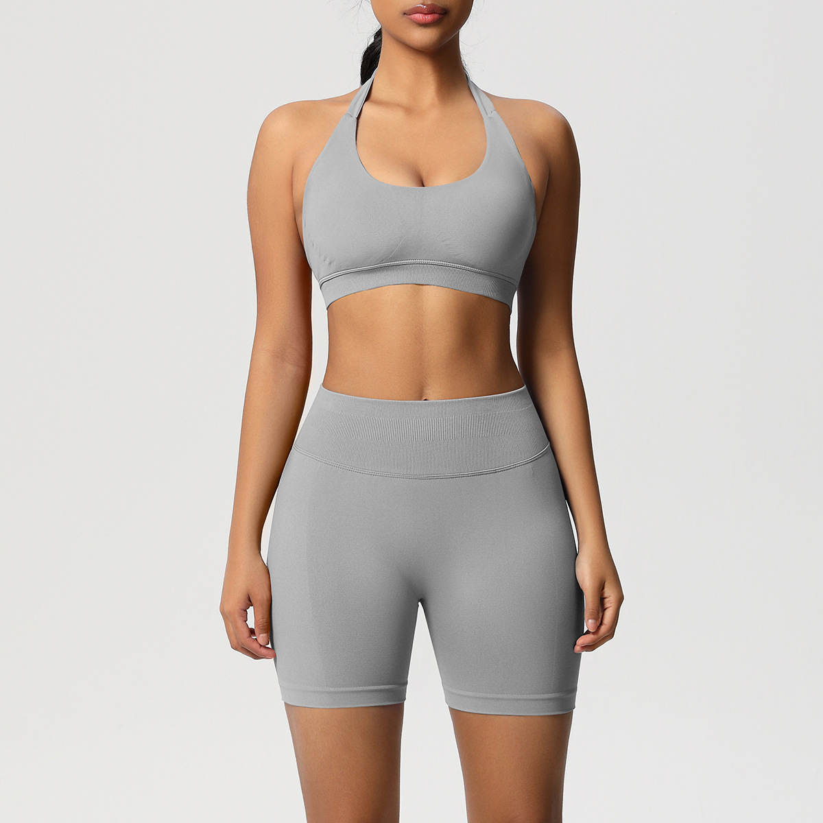 Women Halter Neck Seamless Yoga 2-Piece Outfit, Solid Halter Sports Bra 28 Colors, High Waist Peach Butt Biker Shorts 28 Colors, YFYS6701+YFYS6688