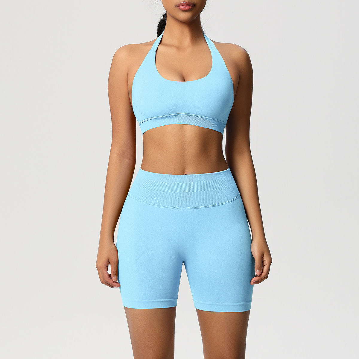 Women Halter Neck Seamless Yoga 2-Piece Outfit, Solid Halter Sports Bra 28 Colors, High Waist Peach Butt Biker Shorts 28 Colors, YFYS6701+YFYS6688