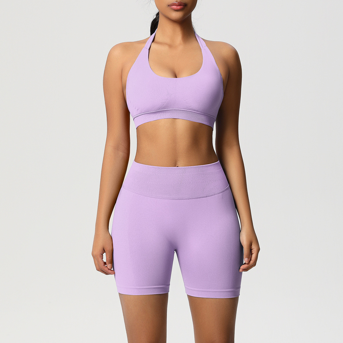Women Halter Neck Seamless Yoga 2-Piece Outfit, Solid Halter Sports Bra 28 Colors, High Waist Peach Butt Biker Shorts 28 Colors, YFYS6701+YFYS6688