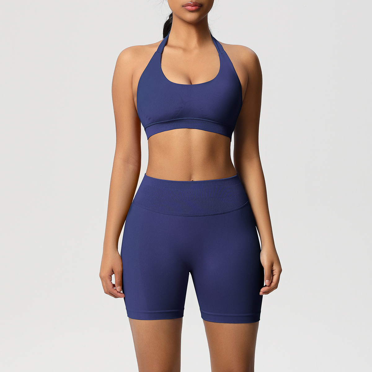 Women Halter Neck Seamless Yoga 2-Piece Outfit, Solid Halter Sports Bra 28 Colors, High Waist Peach Butt Biker Shorts 28 Colors, YFYS6701+YFYS6688