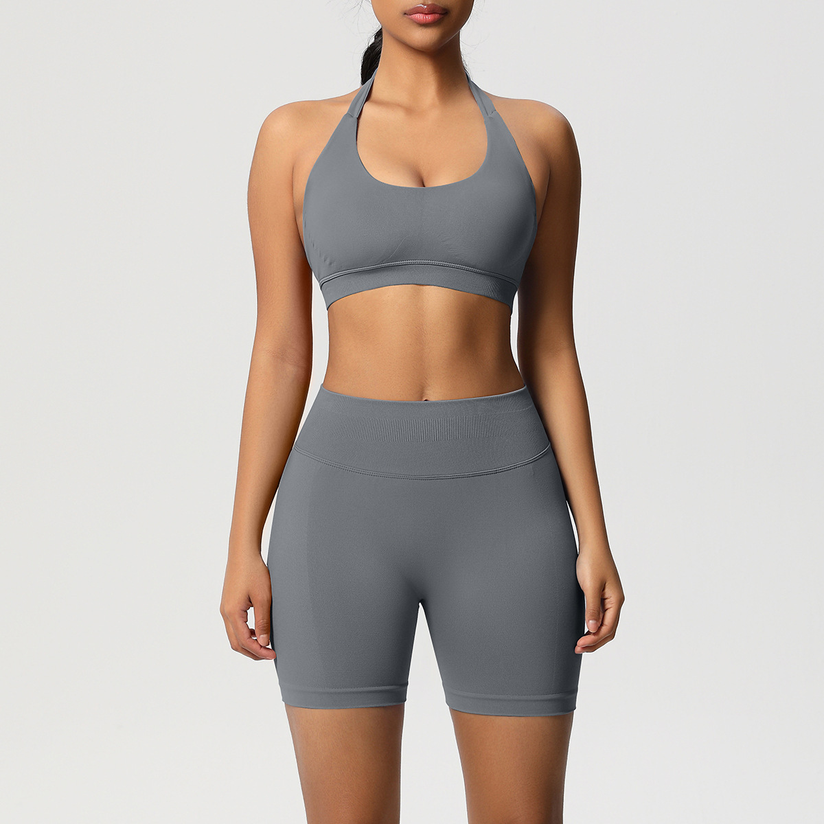 Women Halter Neck Seamless Yoga 2-Piece Outfit, Solid Halter Sports Bra 28 Colors, High Waist Peach Butt Biker Shorts 28 Colors, YFYS6701+YFYS6688