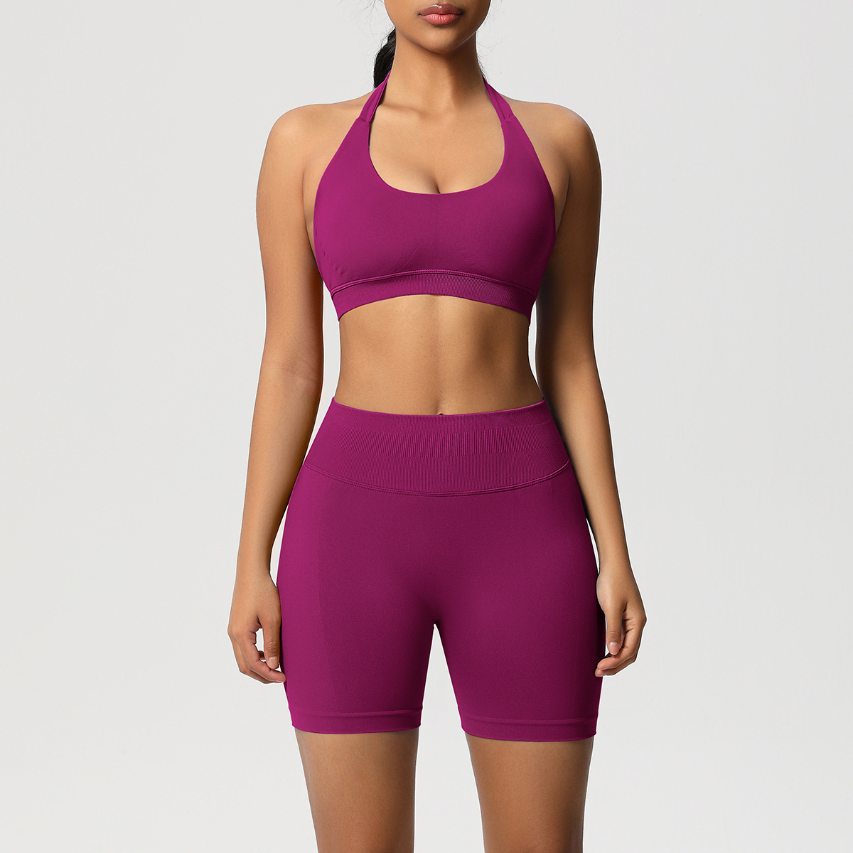 Women Halter Neck Seamless Yoga 2-Piece Outfit, Solid Halter Sports Bra 28 Colors, High Waist Peach Butt Biker Shorts 28 Colors, YFYS6701+YFYS6688