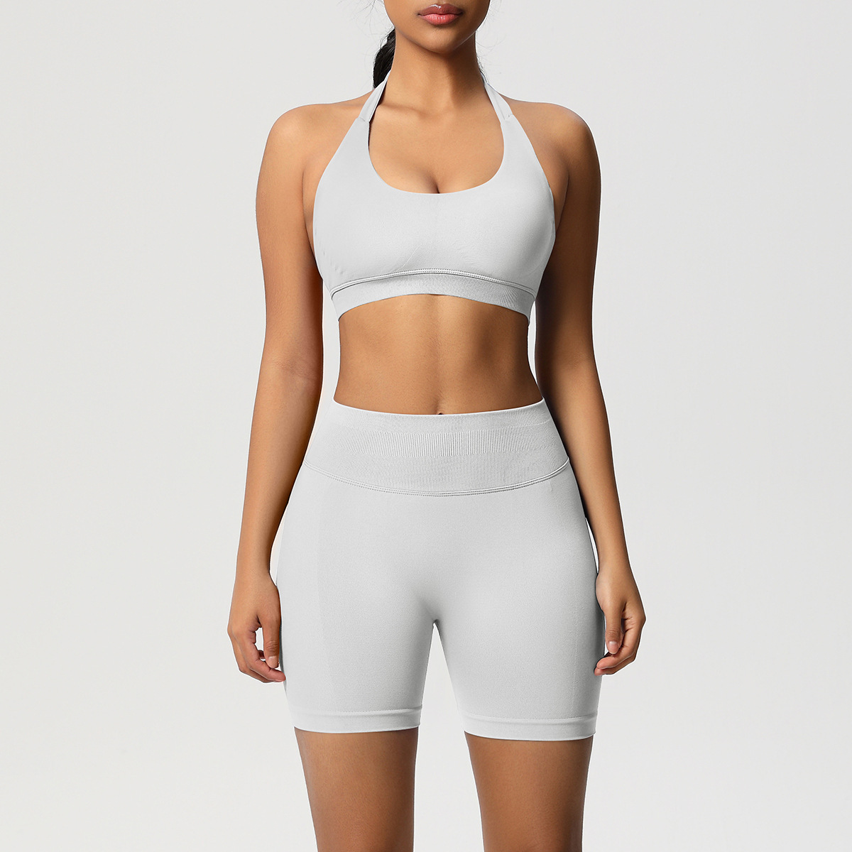 Women Halter Neck Seamless Yoga 2-Piece Outfit, Solid Halter Sports Bra 28 Colors, High Waist Peach Butt Biker Shorts 28 Colors, YFYS6701+YFYS6688
