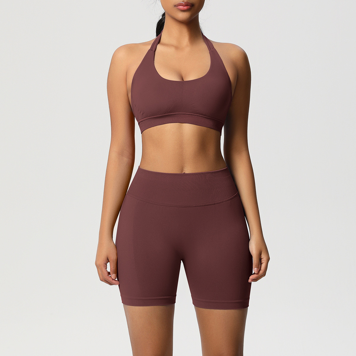Women Halter Neck Seamless Yoga 2-Piece Outfit, Solid Halter Sports Bra 28 Colors, High Waist Peach Butt Biker Shorts 28 Colors, YFYS6701+YFYS6688