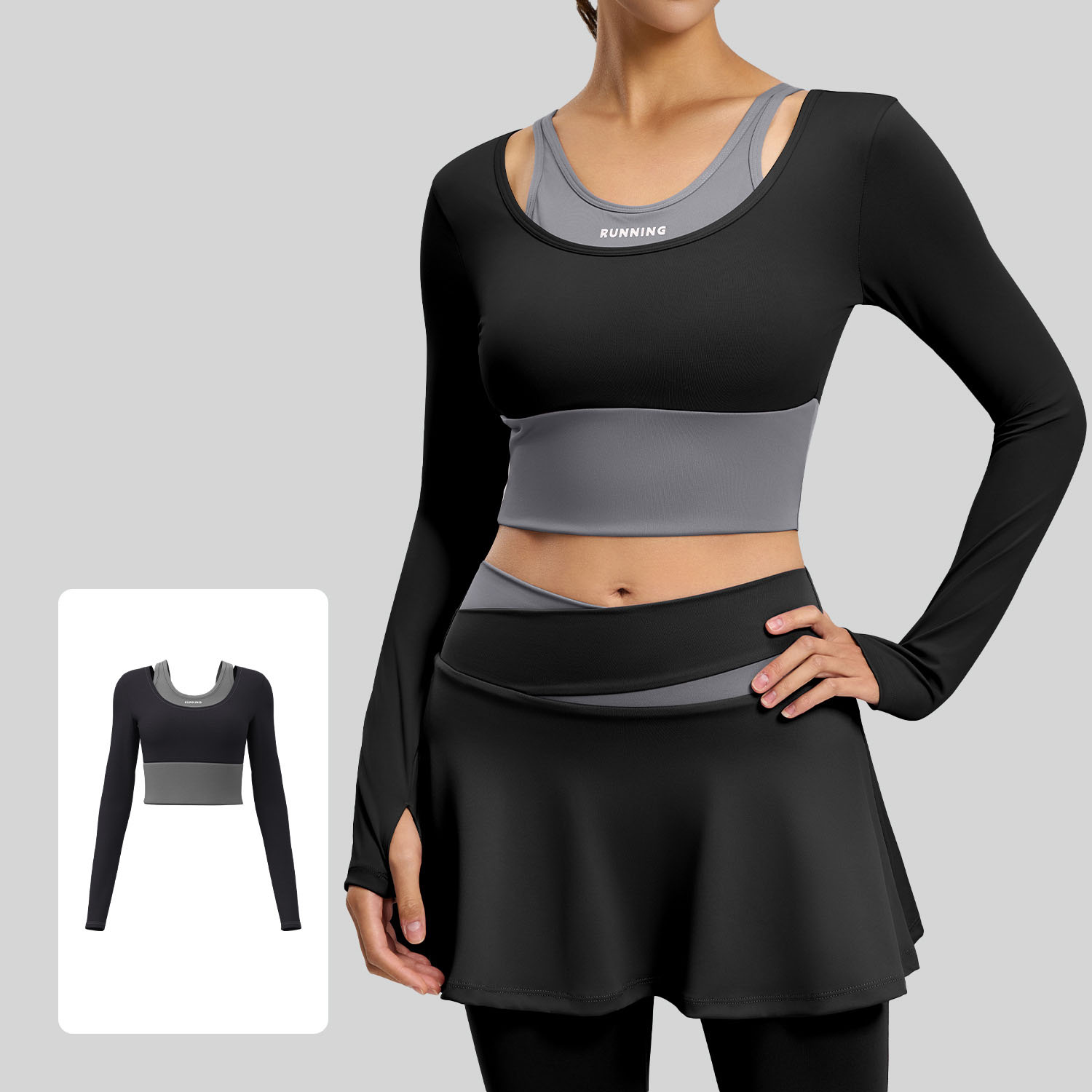 Long-Sleeve Color-Block Faux-Layered Yoga Top with Built-in Pads 3 Colors YFJYMC024