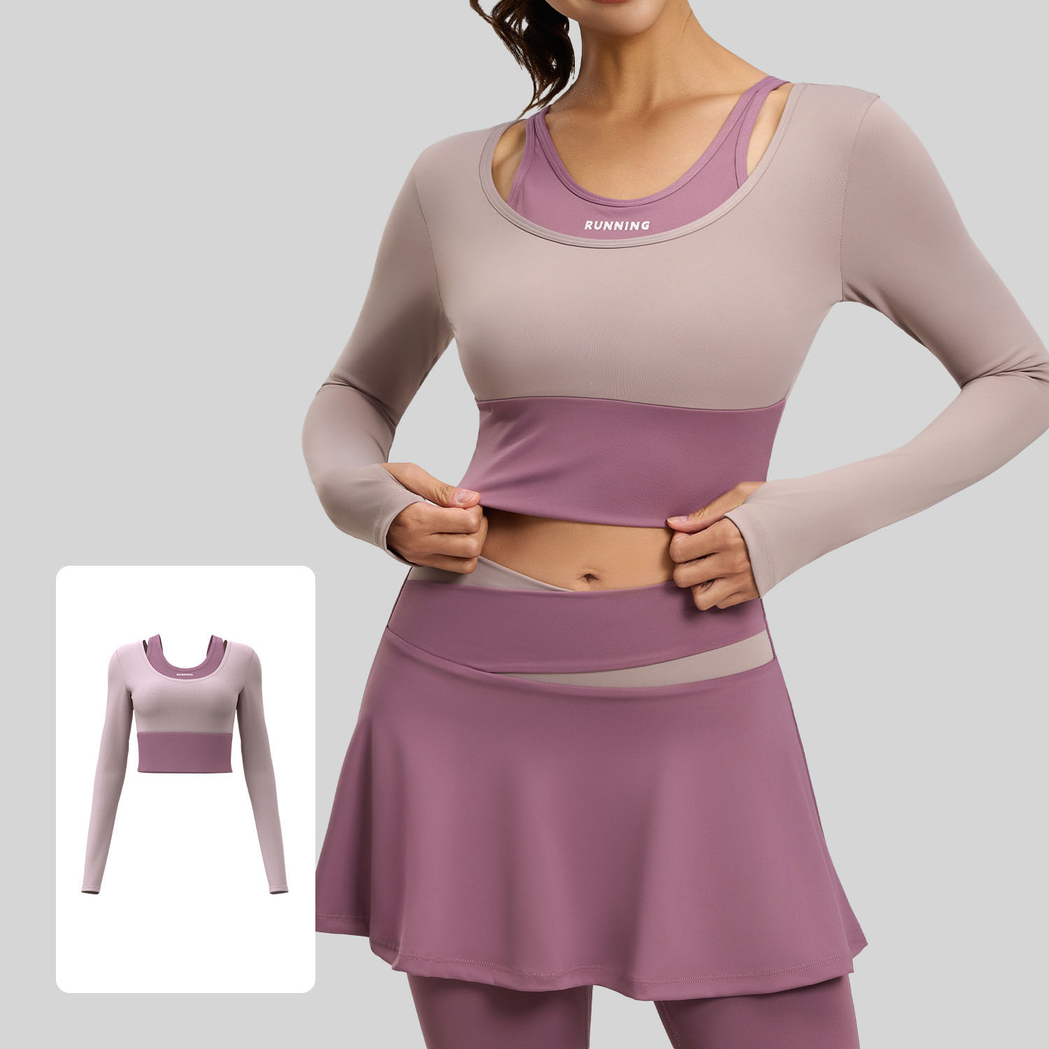 Long-Sleeve Color-Block Faux-Layered Yoga Top with Built-in Pads 3 Colors YFJYMC024