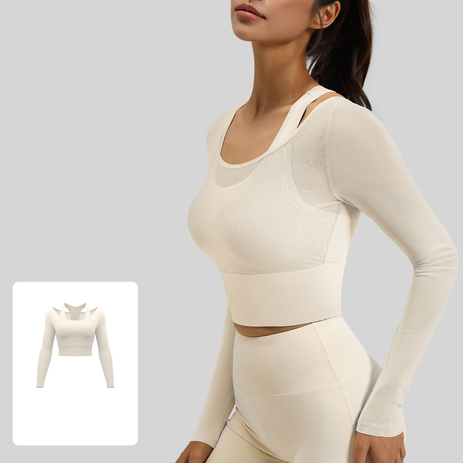 Long-Sleeve Yoga Top With Mesh Detailing "Faux-Layered" Look And Built-In Bra Pads 3 Colors YFJYMC104