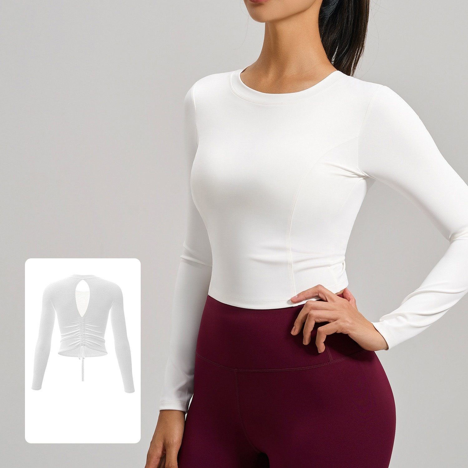 Long-Sleeve Running Top Featuring Ruched Open-Back Cutout Design With A Drawstring And Built-In Padding 4 Colors YFJYMC112