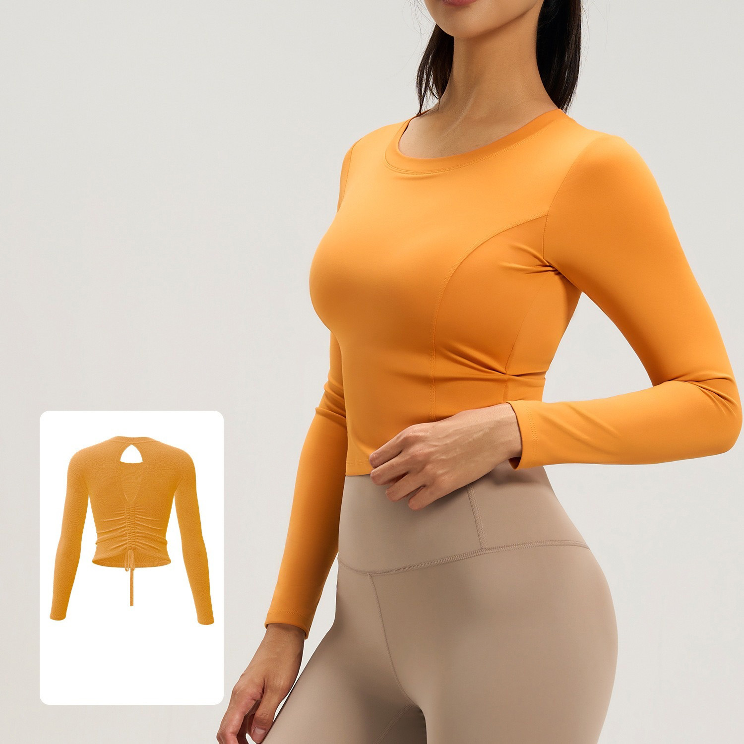 Long-Sleeve Running Top Featuring Ruched Open-Back Cutout Design With A Drawstring And Built-In Padding 4 Colors YFJYMC112