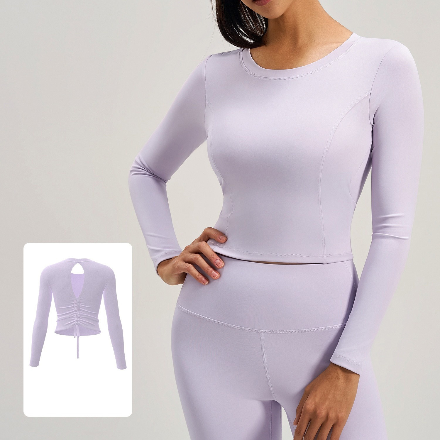 Long-Sleeve Running Top Featuring Ruched Open-Back Cutout Design With A Drawstring And Built-In Padding 4 Colors YFJYMC112
