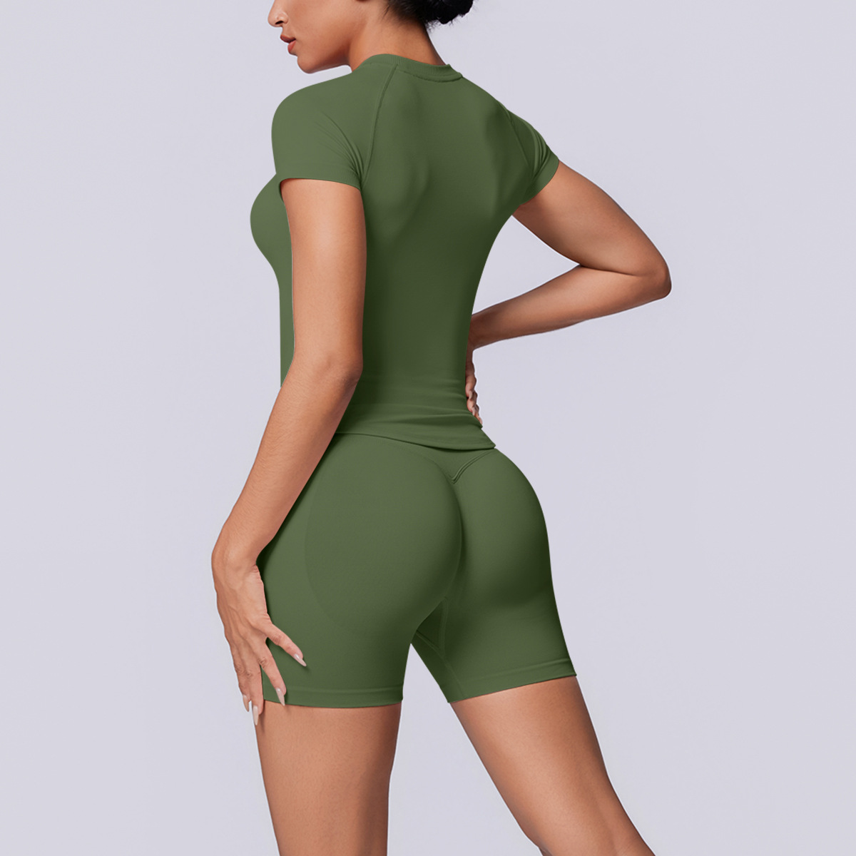 Women Raglan Short Sleeve Yoga 2-Piece Outfit, Crew Neck Seamless Crop Top 10 Colors, High Waist Peach Butt Biker Shorts 10 Colors, YFYS6705+YFYS6688