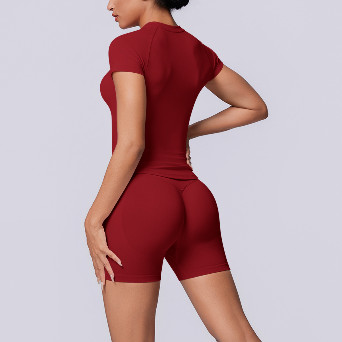 Women Raglan Short Sleeve Yoga 2-Piece Outfit, Crew Neck Seamless Crop Top 10 Colors, High Waist Peach Butt Biker Shorts 10 Colors, YFYS6705+YFYS6688