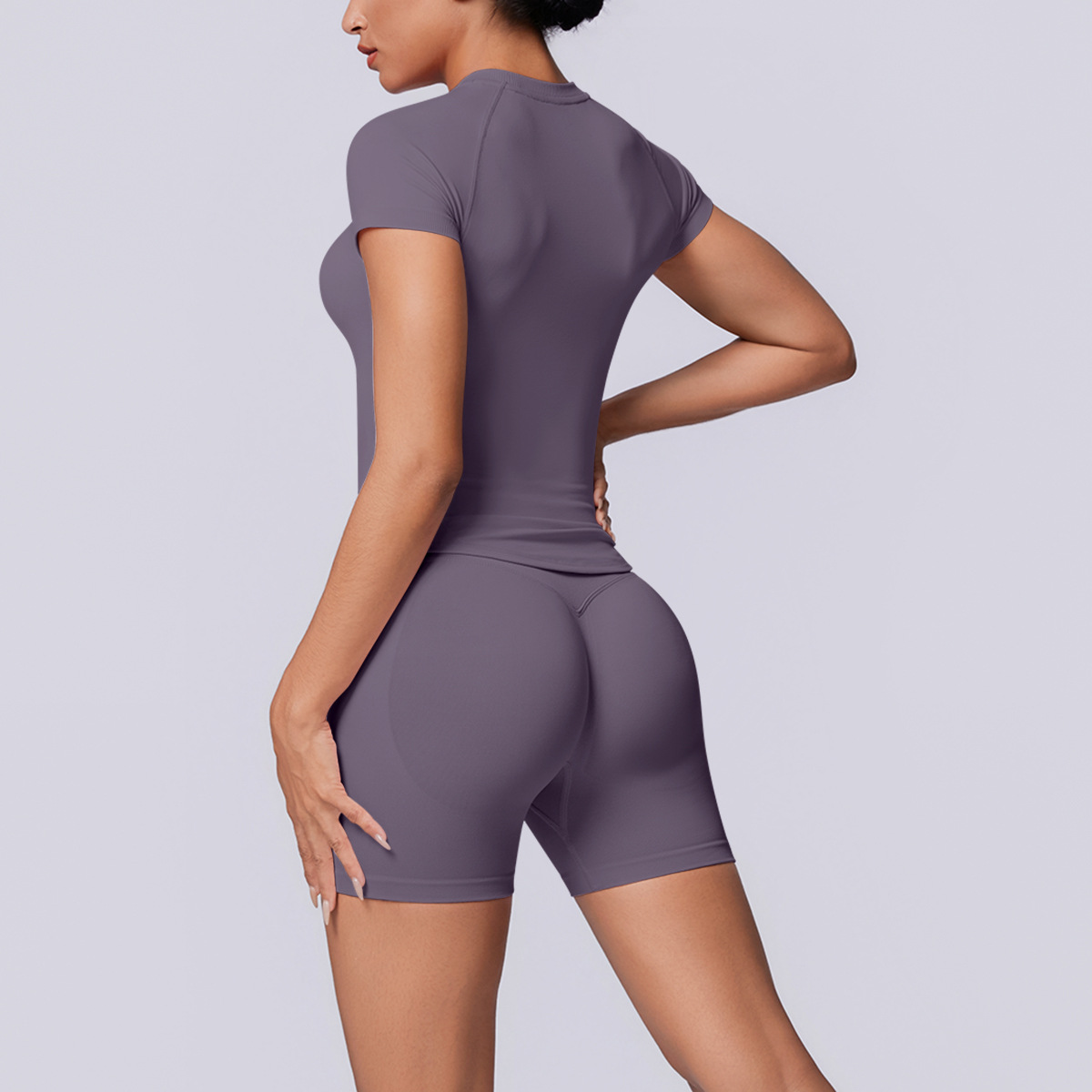 Women Raglan Short Sleeve Yoga 2-Piece Outfit, Crew Neck Seamless Crop Top 10 Colors, High Waist Peach Butt Biker Shorts 10 Colors, YFYS6705+YFYS6688