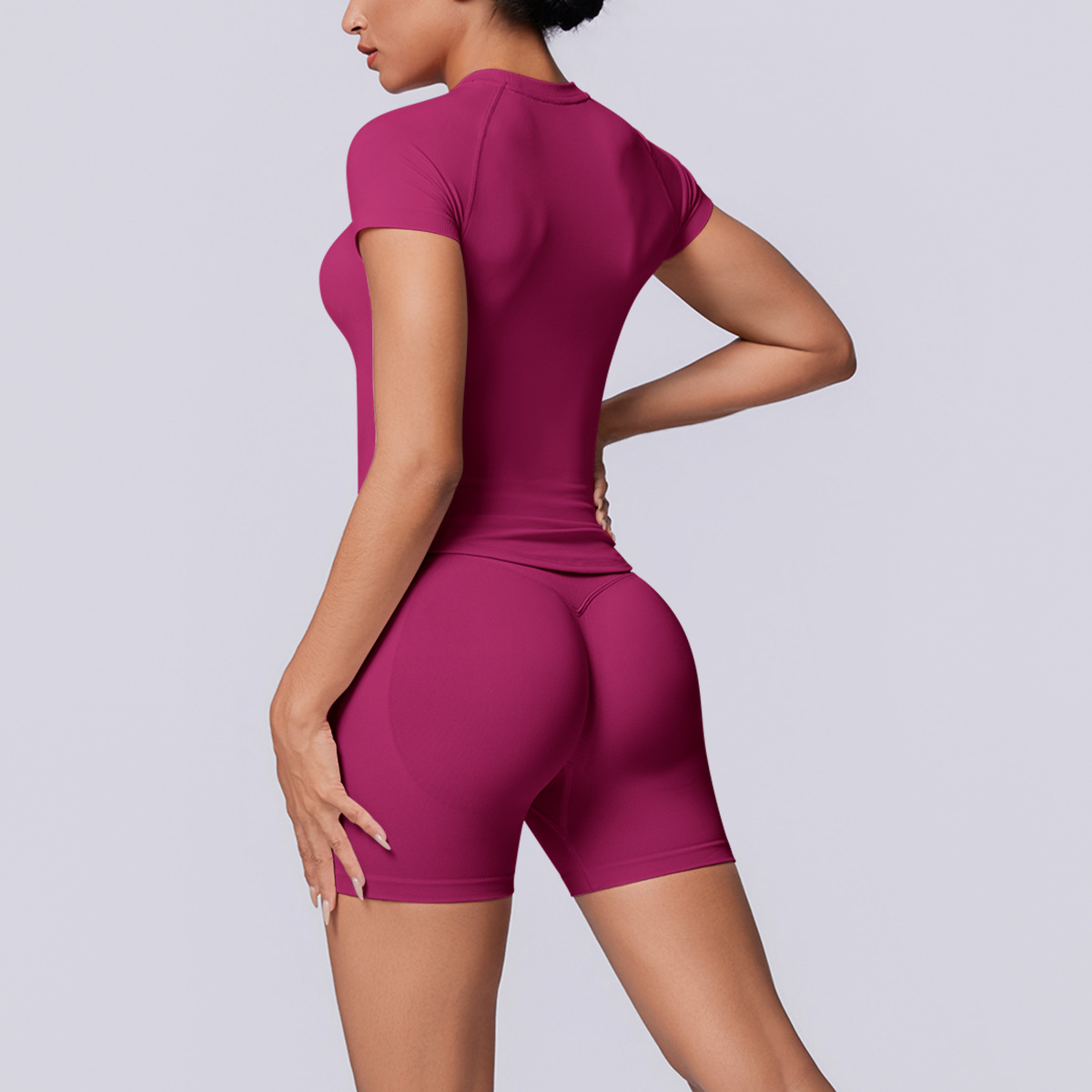 Women Raglan Short Sleeve Yoga 2-Piece Outfit, Crew Neck Seamless Crop Top 10 Colors, High Waist Peach Butt Biker Shorts 10 Colors, YFYS6705+YFYS6688
