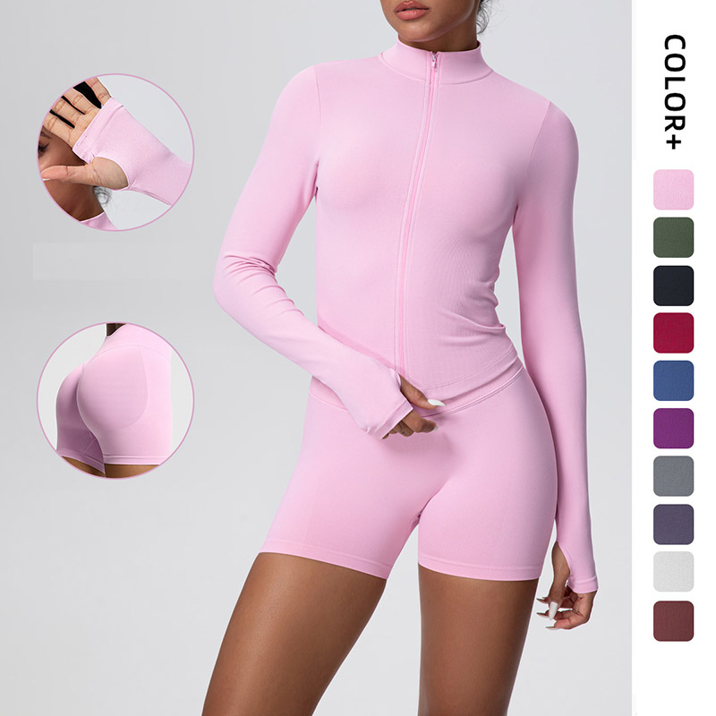 Women Zip Thumb Hole Long Sleeve Seamles