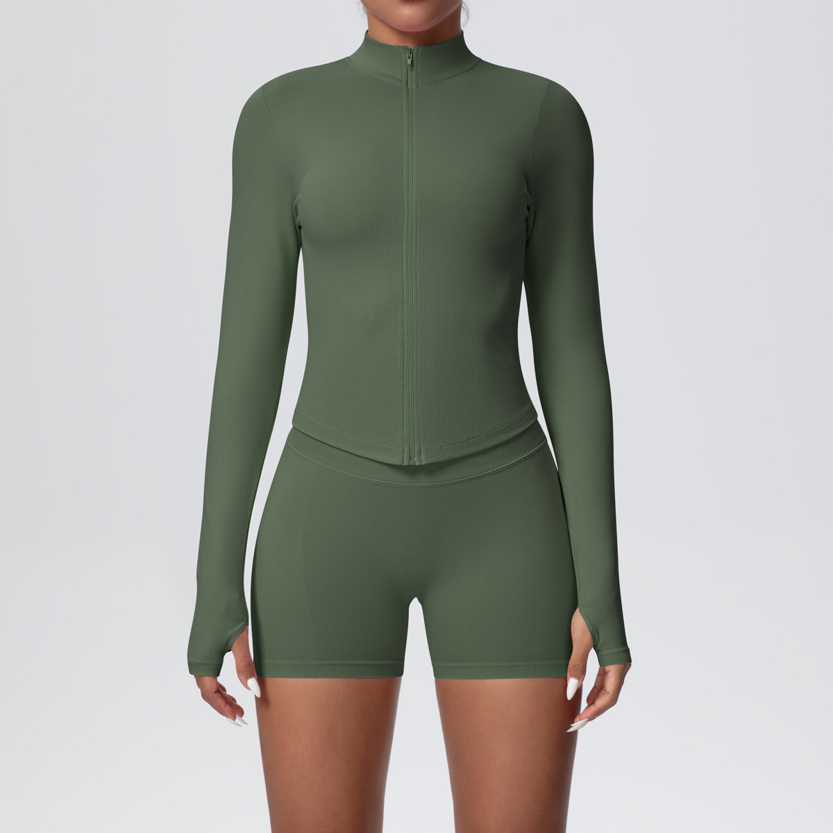 Women Zip Thumb Hole Long Sleeve Seamless Yoga 2 Piece Set, Stand Collar Cropped Jacket 10 Colors, High Waist Peach Butt Biker Shorts 10 Colors, YFYS6704+YFYS6688