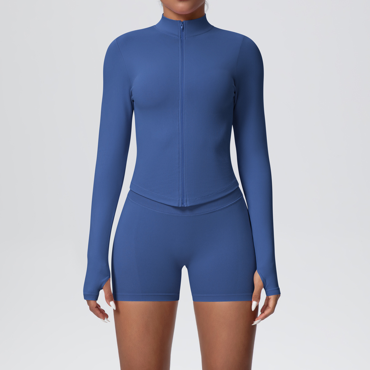 Women Zip Thumb Hole Long Sleeve Seamless Yoga 2 Piece Set, Stand Collar Cropped Jacket 10 Colors, High Waist Peach Butt Biker Shorts 10 Colors, YFYS6704+YFYS6688