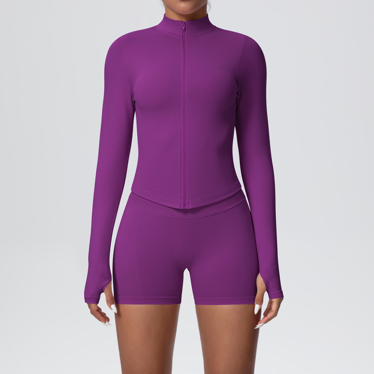 Women Zip Thumb Hole Long Sleeve Seamless Yoga 2 Piece Set, Stand Collar Cropped Jacket 10 Colors, High Waist Peach Butt Biker Shorts 10 Colors, YFYS6704+YFYS6688