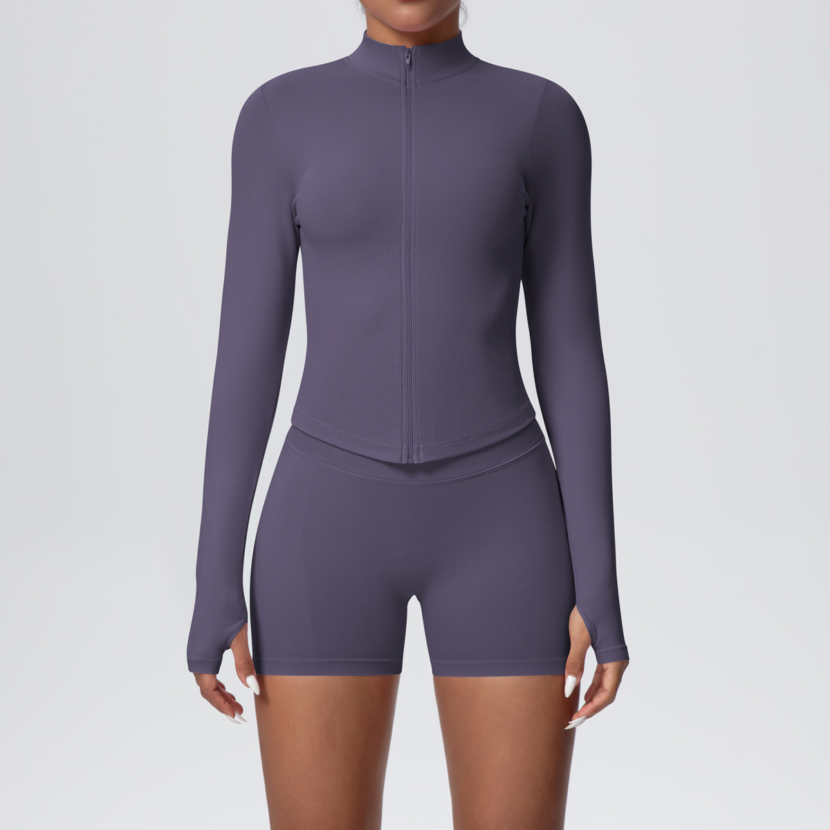 Women Zip Thumb Hole Long Sleeve Seamless Yoga 2 Piece Set, Stand Collar Cropped Jacket 10 Colors, High Waist Peach Butt Biker Shorts 10 Colors, YFYS6704+YFYS6688