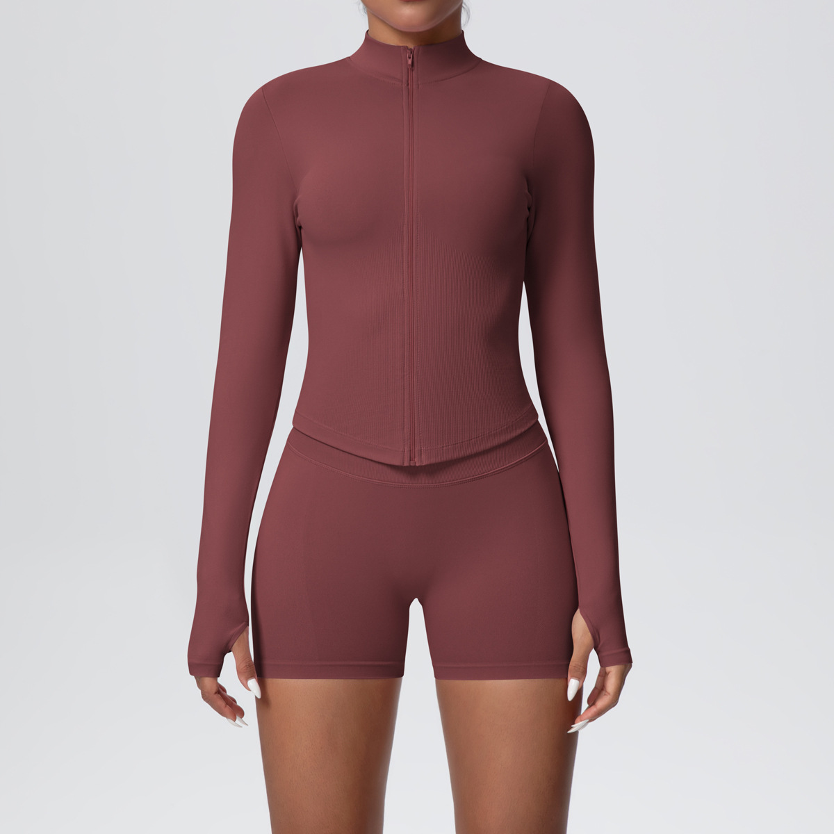 Women Zip Thumb Hole Long Sleeve Seamless Yoga 2 Piece Set, Stand Collar Cropped Jacket 10 Colors, High Waist Peach Butt Biker Shorts 10 Colors, YFYS6704+YFYS6688