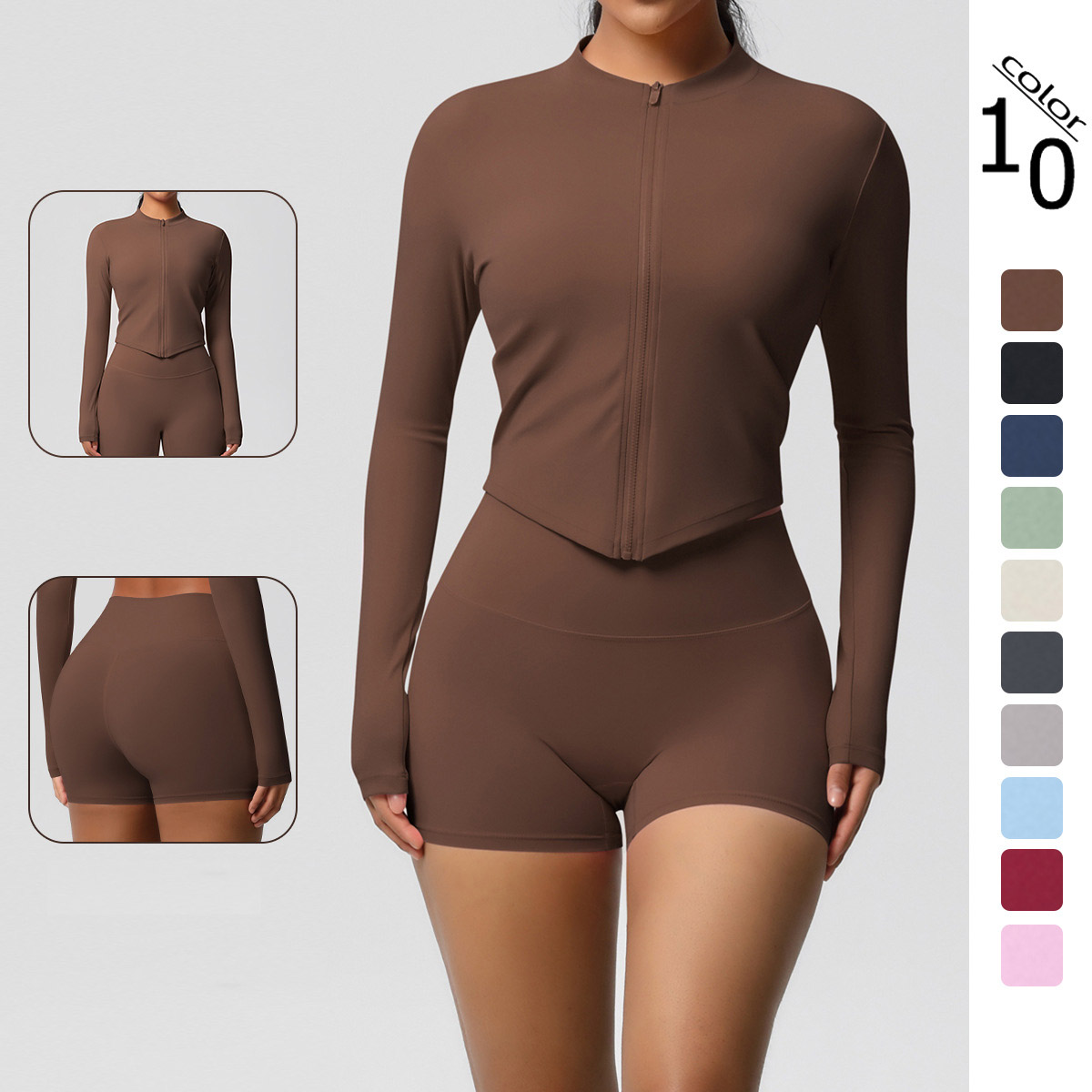 Women Zip Up Long Sleeve Yoga 2-Piece Ou