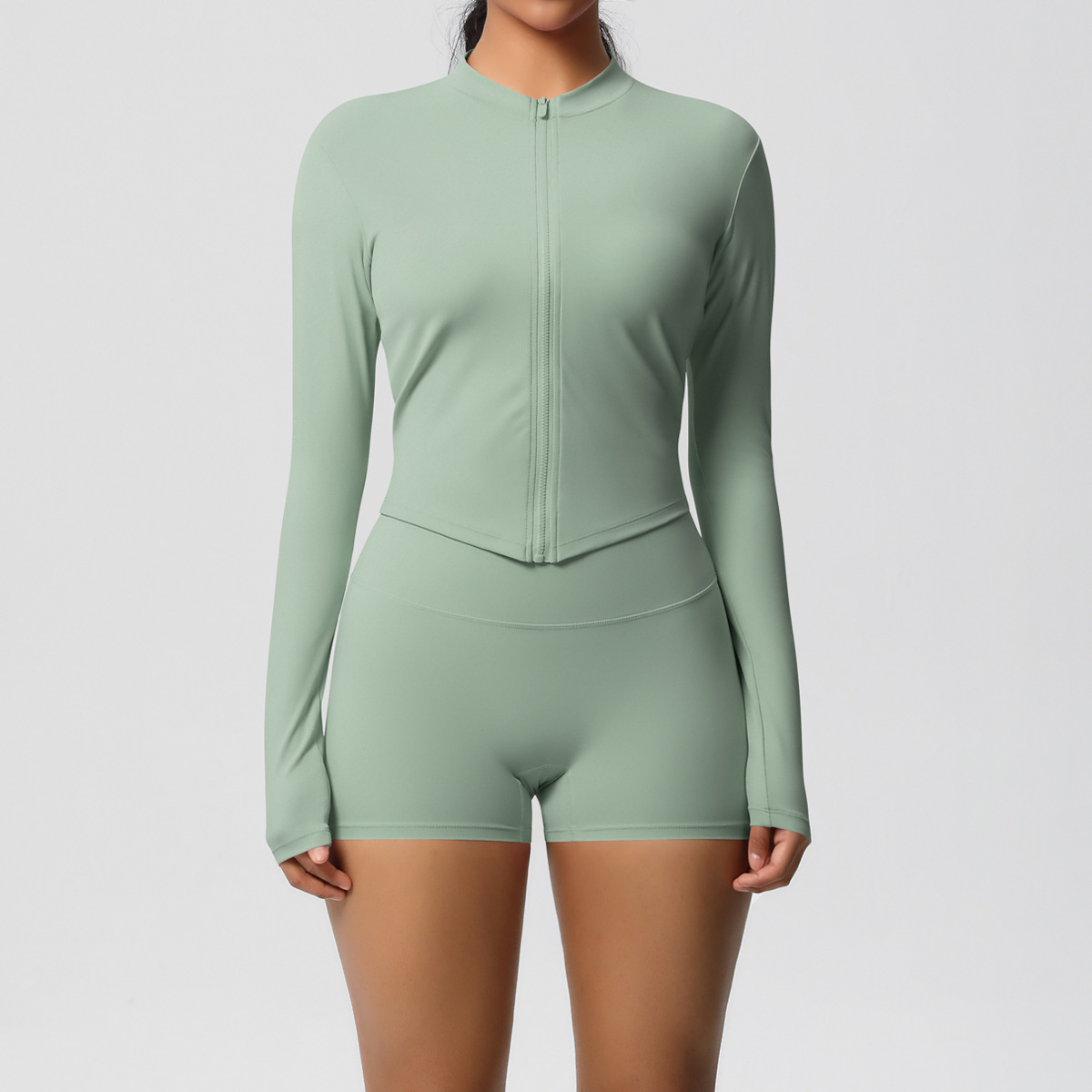 Women Zip Up Long Sleeve Yoga 2-Piece Outfit, Stand Collar Full Zip Crop Jacket 10 Colors, High Waist Butt Lifting Biker Shorts 10 Colors, YFYS7106+YFYS7101