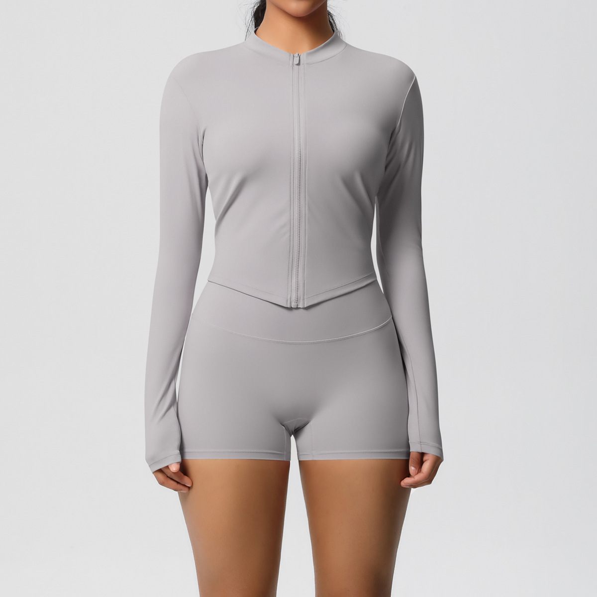 Women Zip Up Long Sleeve Yoga 2-Piece Outfit, Stand Collar Full Zip Crop Jacket 10 Colors, High Waist Butt Lifting Biker Shorts 10 Colors, YFYS7106+YFYS7101