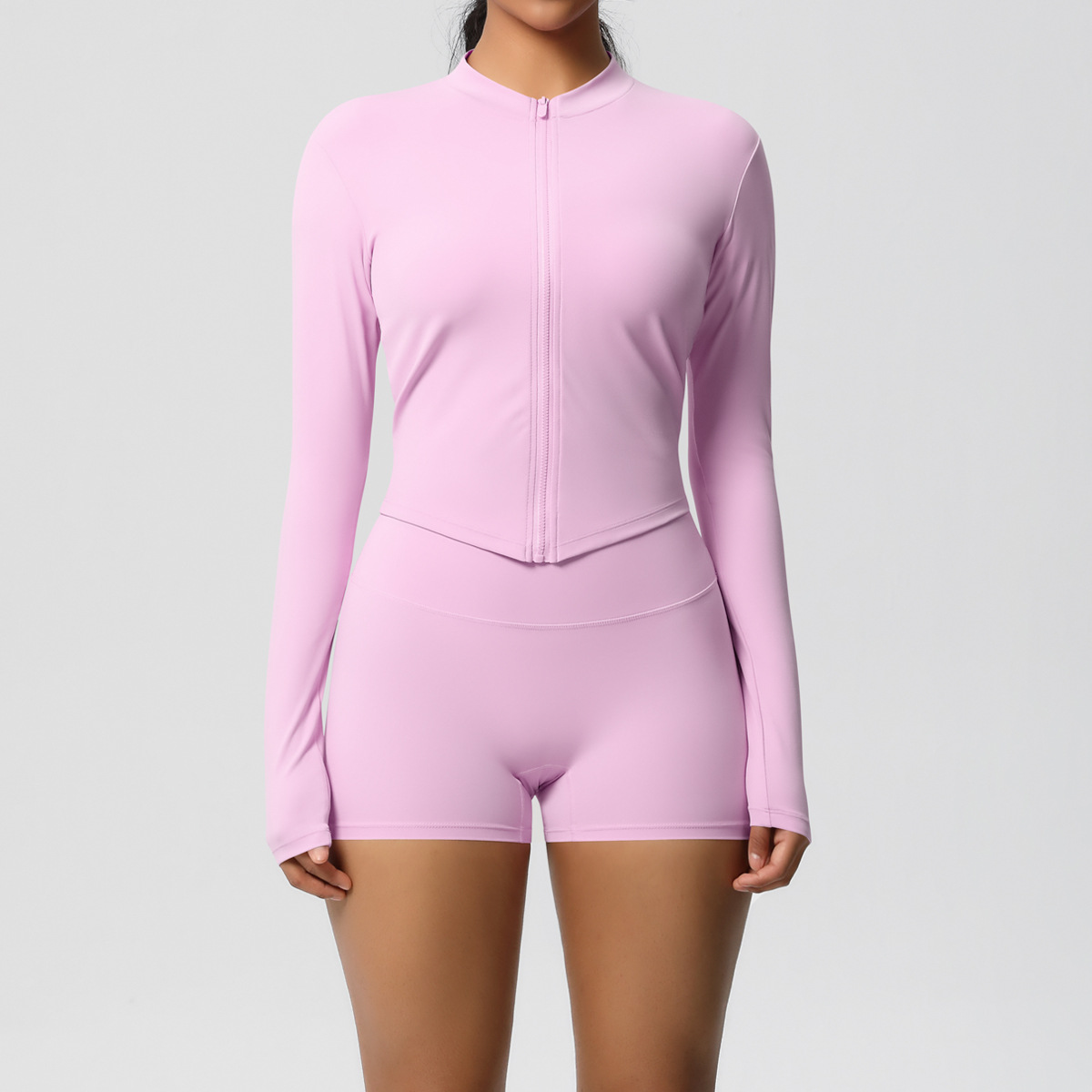 Women Zip Up Long Sleeve Yoga 2-Piece Outfit, Stand Collar Full Zip Crop Jacket 10 Colors, High Waist Butt Lifting Biker Shorts 10 Colors, YFYS7106+YFYS7101