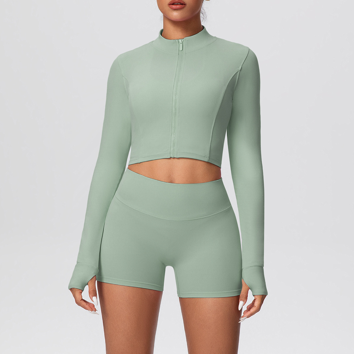 Naked Soft Fitness Set, Zip Up Thumb Hole Long Sleeve Crop Top 10 Colors, Tummy Control Compression Shorts 10 Colors, YFYS7128+YFYS7101