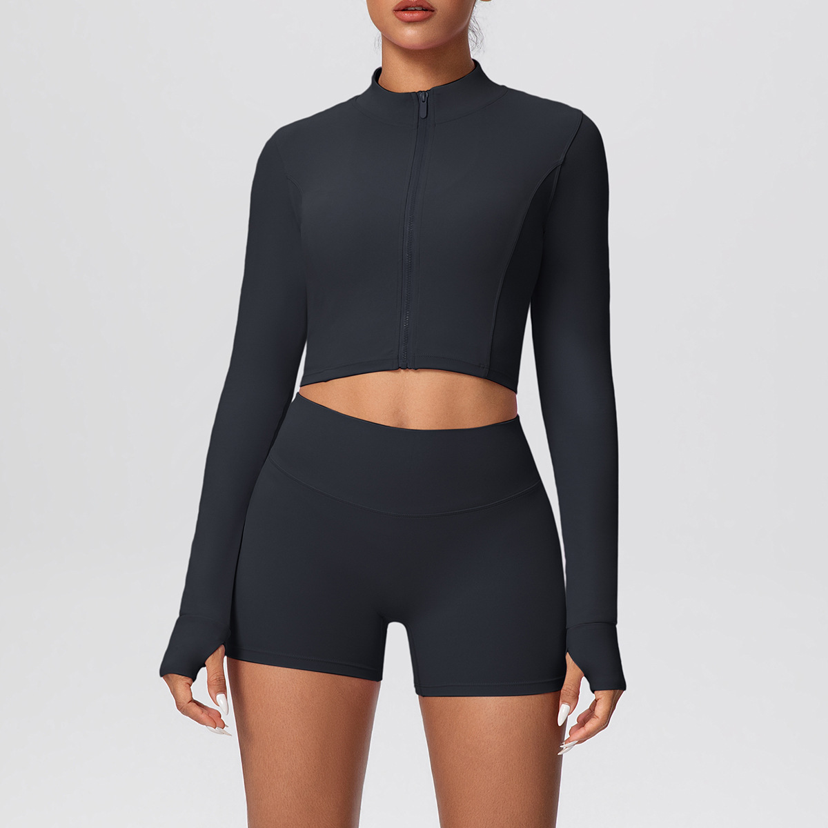 Naked Soft Fitness Set, Zip Up Thumb Hole Long Sleeve Crop Top 10 Colors, Tummy Control Compression Shorts 10 Colors, YFYS7128+YFYS7101
