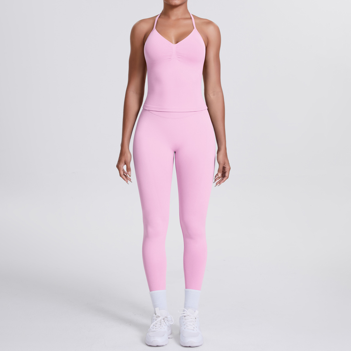 Women Halter Neck Yoga 2-Piece Outfit, Sleeveless Halter Beauty Back Crop Top 26 Colors, High Waist Butt Lifting Biker Shorts 26 Colors, YFYS6700+YFYS6688