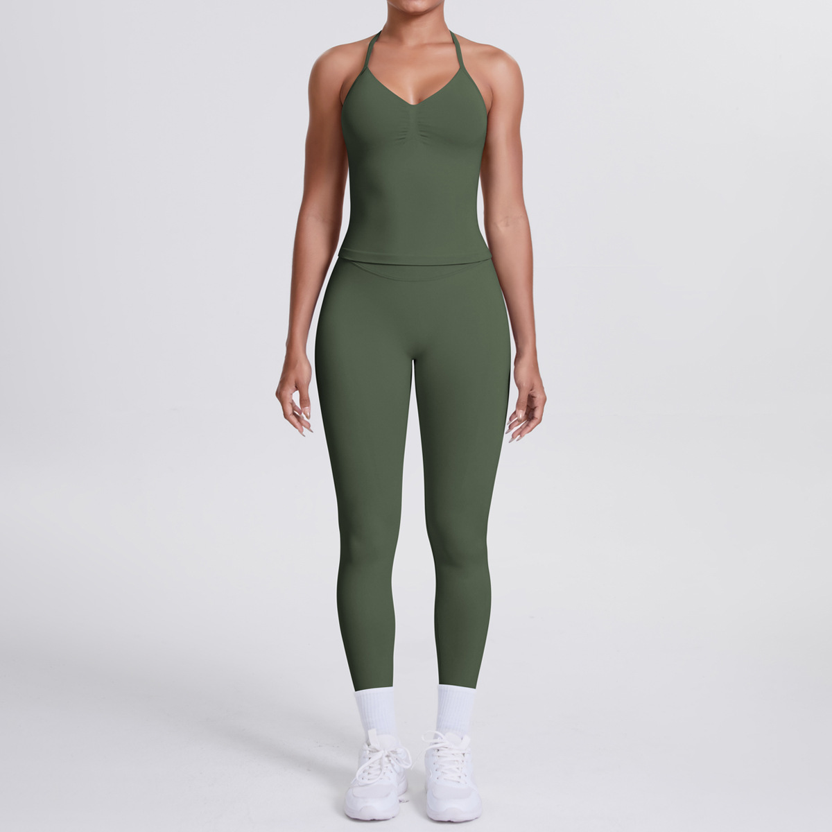Women Halter Neck Yoga 2-Piece Outfit, Sleeveless Halter Beauty Back Crop Top 26 Colors, High Waist Butt Lifting Biker Shorts 26 Colors, YFYS6700+YFYS6688