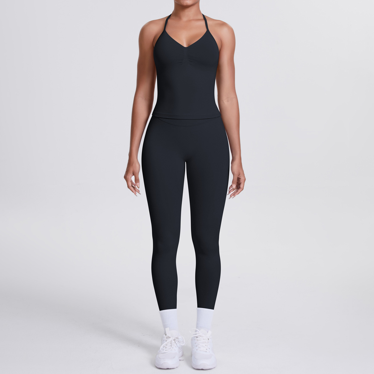 Women Halter Neck Yoga 2-Piece Outfit, Sleeveless Halter Beauty Back Crop Top 26 Colors, High Waist Butt Lifting Biker Shorts 26 Colors, YFYS6700+YFYS6688