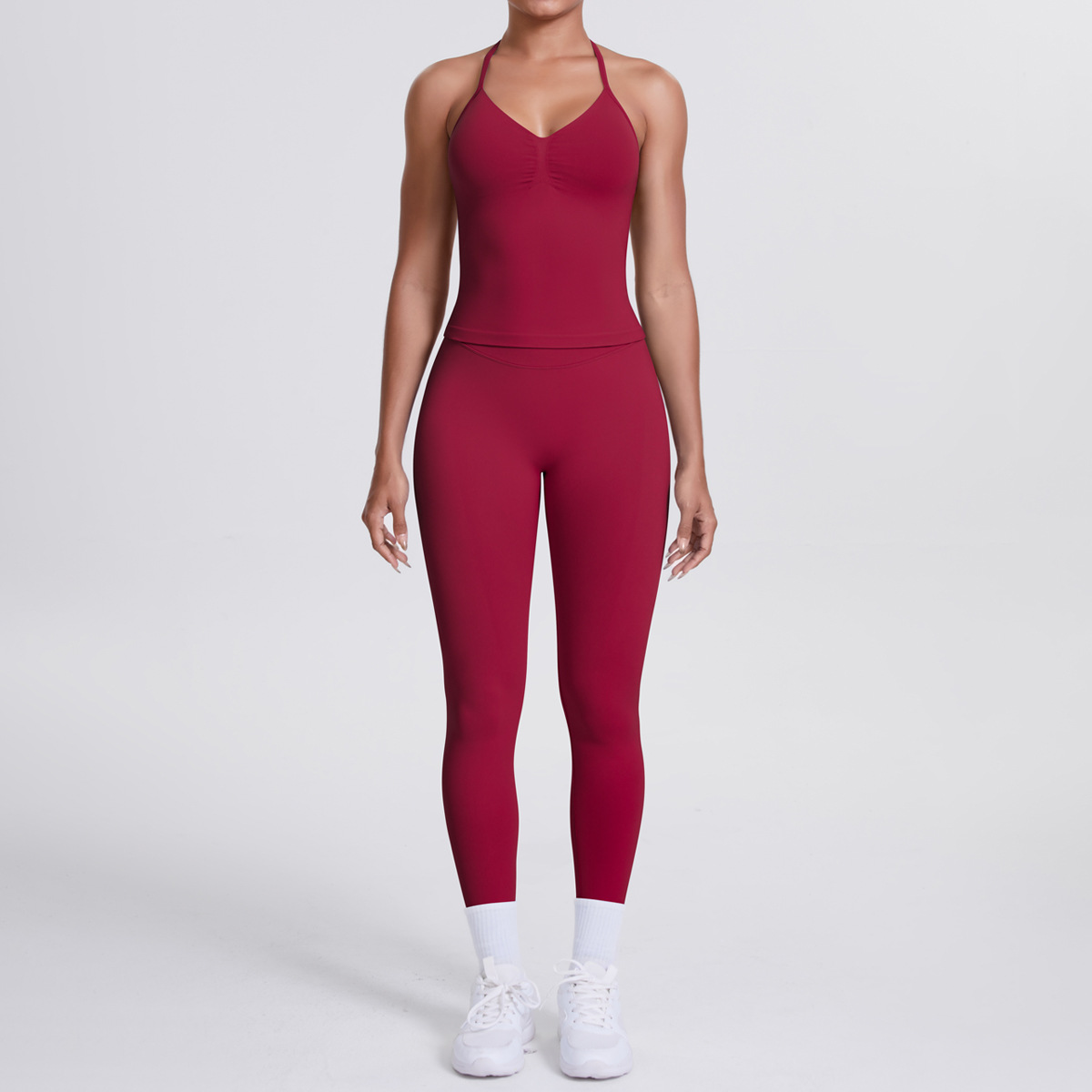 Women Halter Neck Yoga 2-Piece Outfit, Sleeveless Halter Beauty Back Crop Top 26 Colors, High Waist Butt Lifting Biker Shorts 26 Colors, YFYS6700+YFYS6688