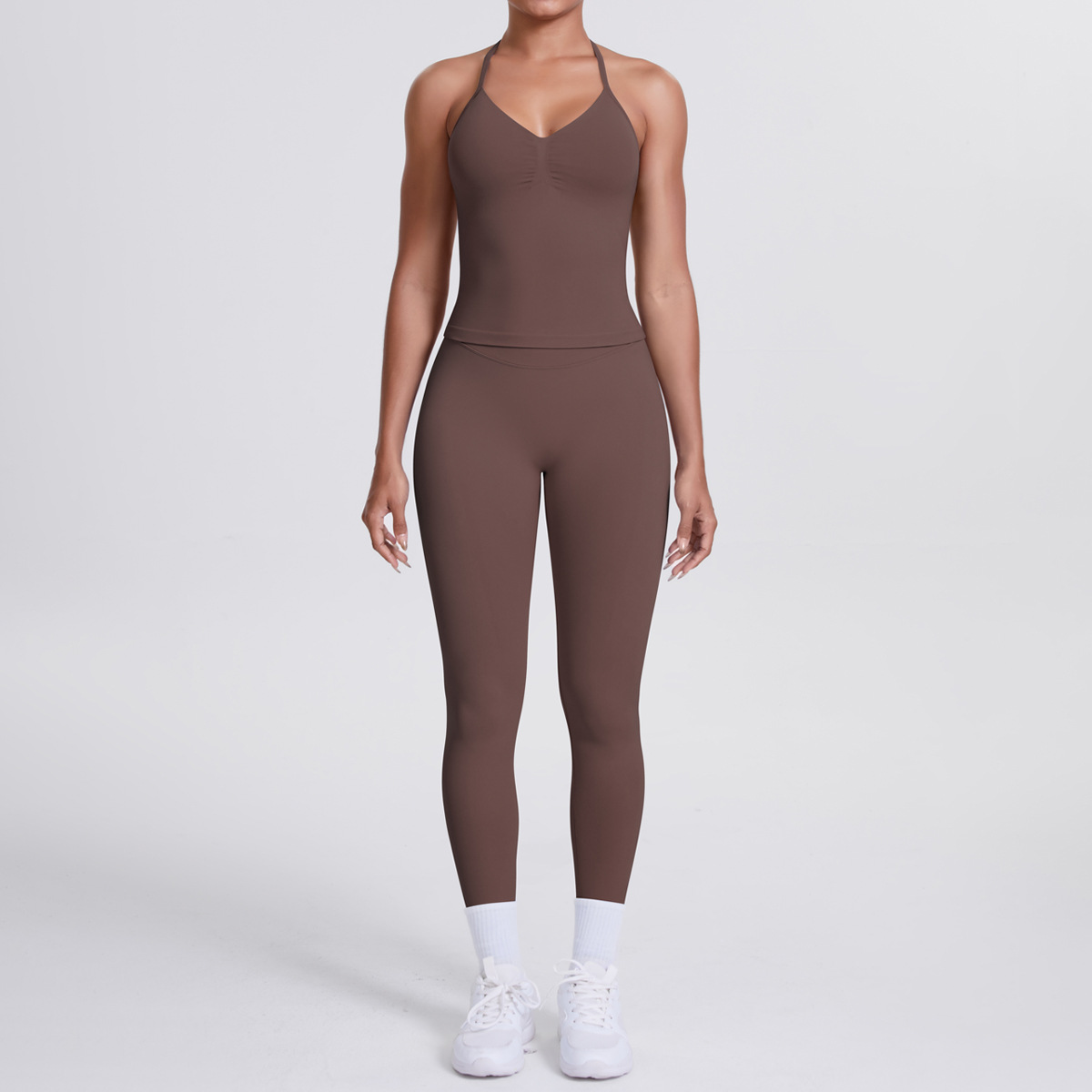 Women Halter Neck Yoga 2-Piece Outfit, Sleeveless Halter Beauty Back Crop Top 26 Colors, High Waist Butt Lifting Biker Shorts 26 Colors, YFYS6700+YFYS6688