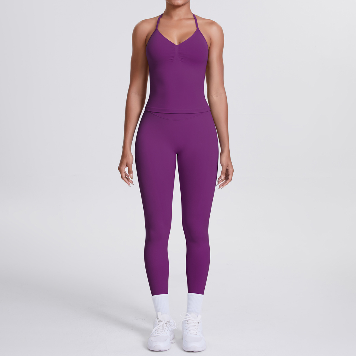 Women Halter Neck Yoga 2-Piece Outfit, Sleeveless Halter Beauty Back Crop Top 26 Colors, High Waist Butt Lifting Biker Shorts 26 Colors, YFYS6700+YFYS6688