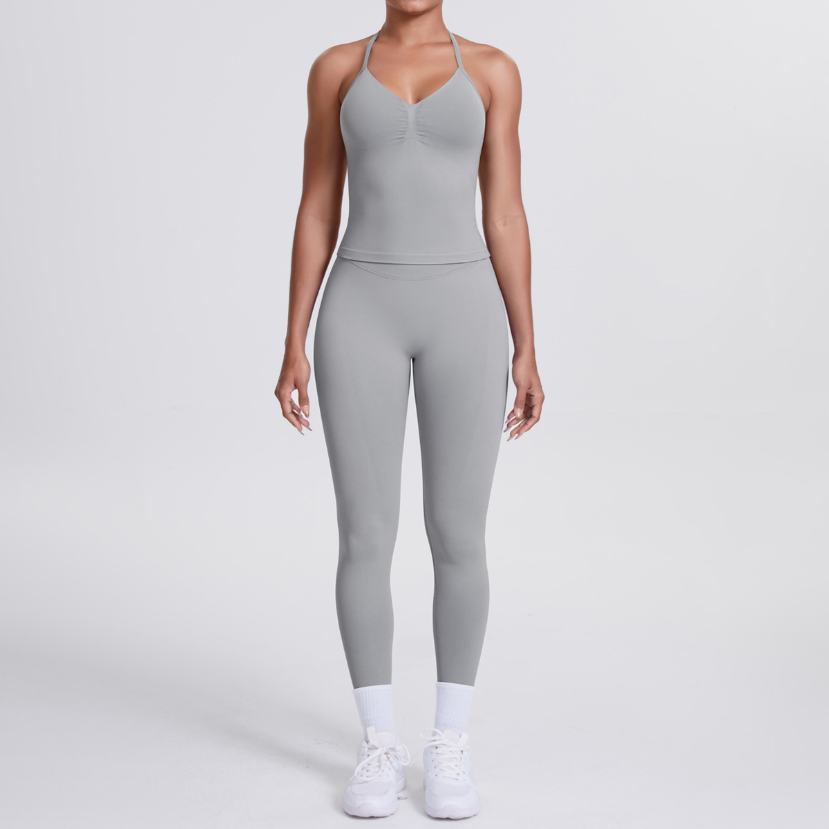 Women Halter Neck Yoga 2-Piece Outfit, Sleeveless Halter Beauty Back Crop Top 26 Colors, High Waist Butt Lifting Biker Shorts 26 Colors, YFYS6700+YFYS6688