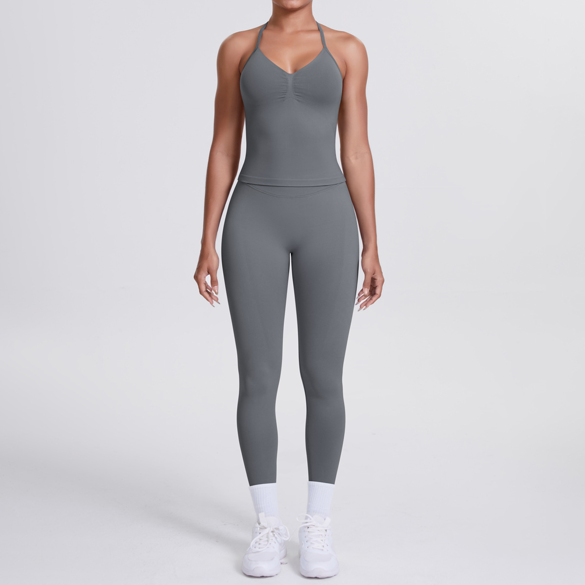 Women Halter Neck Yoga 2-Piece Outfit, Sleeveless Halter Beauty Back Crop Top 26 Colors, High Waist Butt Lifting Biker Shorts 26 Colors, YFYS6700+YFYS6688