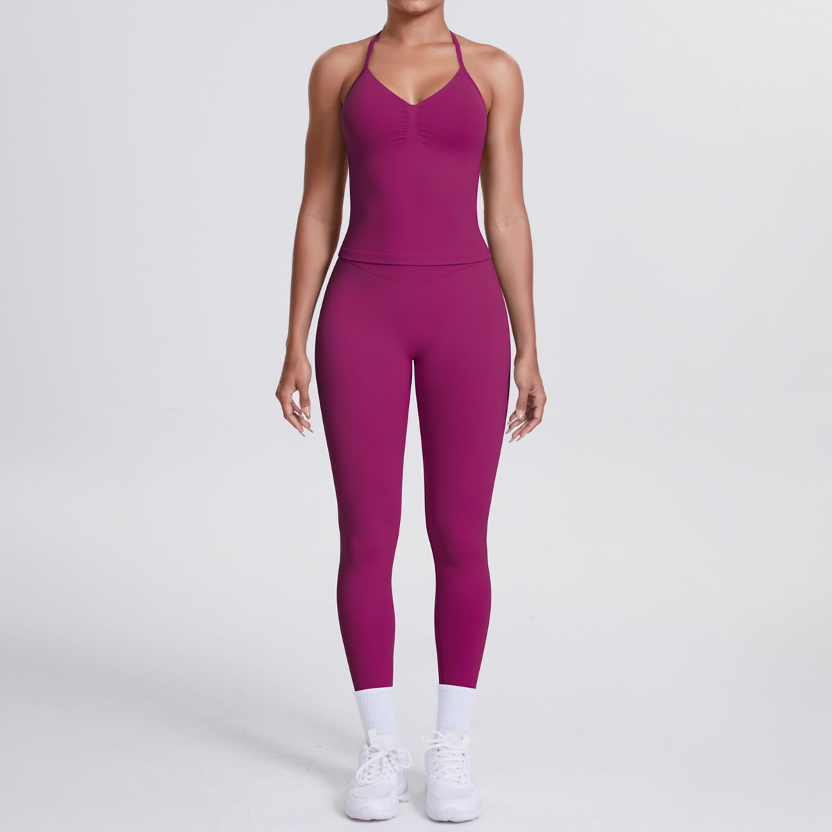 Women Halter Neck Yoga 2-Piece Outfit, Sleeveless Halter Beauty Back Crop Top 26 Colors, High Waist Butt Lifting Biker Shorts 26 Colors, YFYS6700+YFYS6688