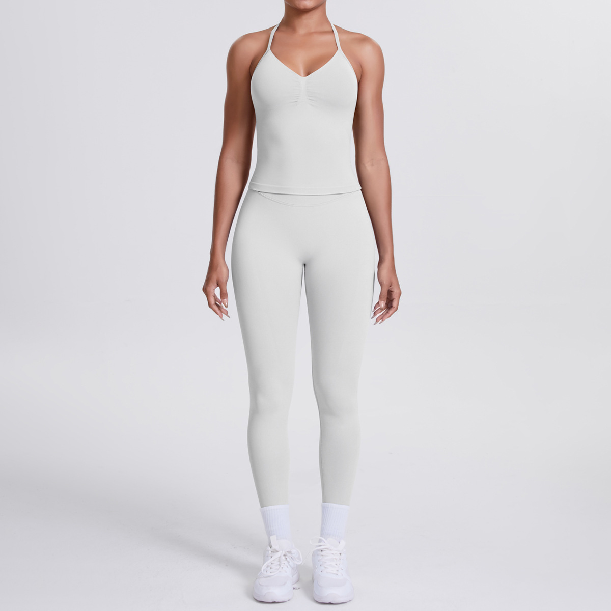 Women Halter Neck Yoga 2-Piece Outfit, Sleeveless Halter Beauty Back Crop Top 26 Colors, High Waist Butt Lifting Biker Shorts 26 Colors, YFYS6700+YFYS6688