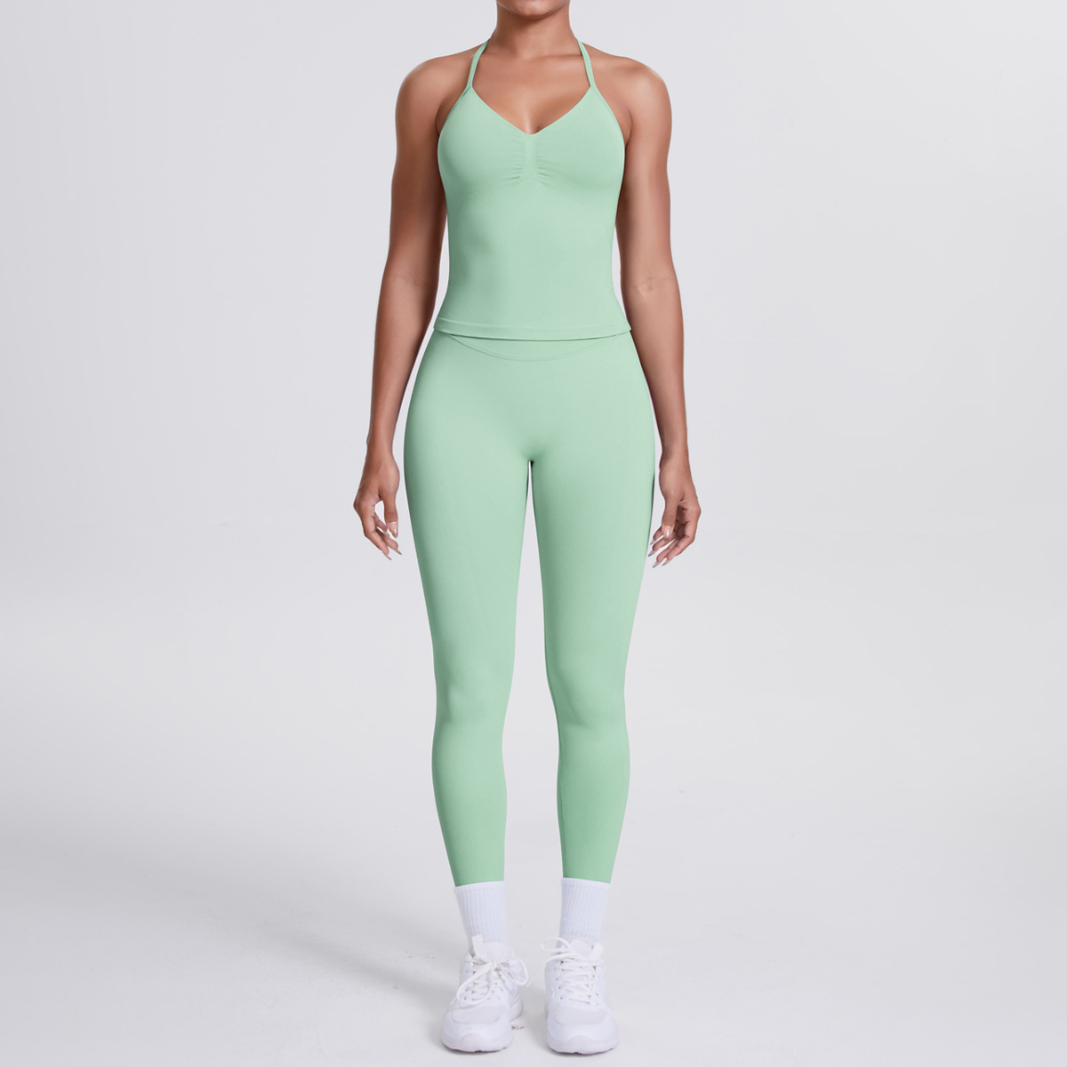 Women Halter Neck Yoga 2-Piece Outfit, Sleeveless Halter Beauty Back Crop Top 26 Colors, High Waist Butt Lifting Biker Shorts 26 Colors, YFYS6700+YFYS6688