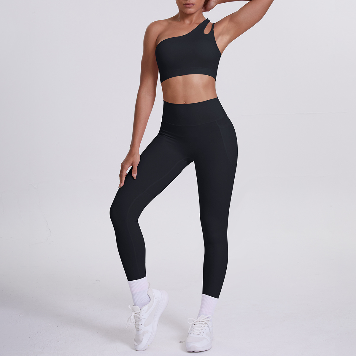 Women One Shoulder Cutout Yoga 2-Piece Outfit, Asymmetric Single Strap Crop Top 10 Colors, High Waist Butt Lifting Leggings With Side Pockets 10 Colors, YFYS7114+YFYS7108
